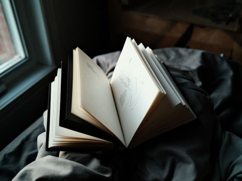 كتاب مفتوح بجوار نافذة تدخل منها أنوار الصباح